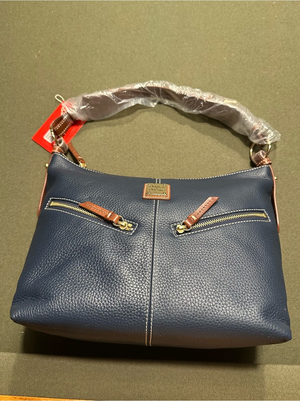 Dooney & Bourke Mary Navy Pebble Leather Shoulder Bag with Brown Trim NWT